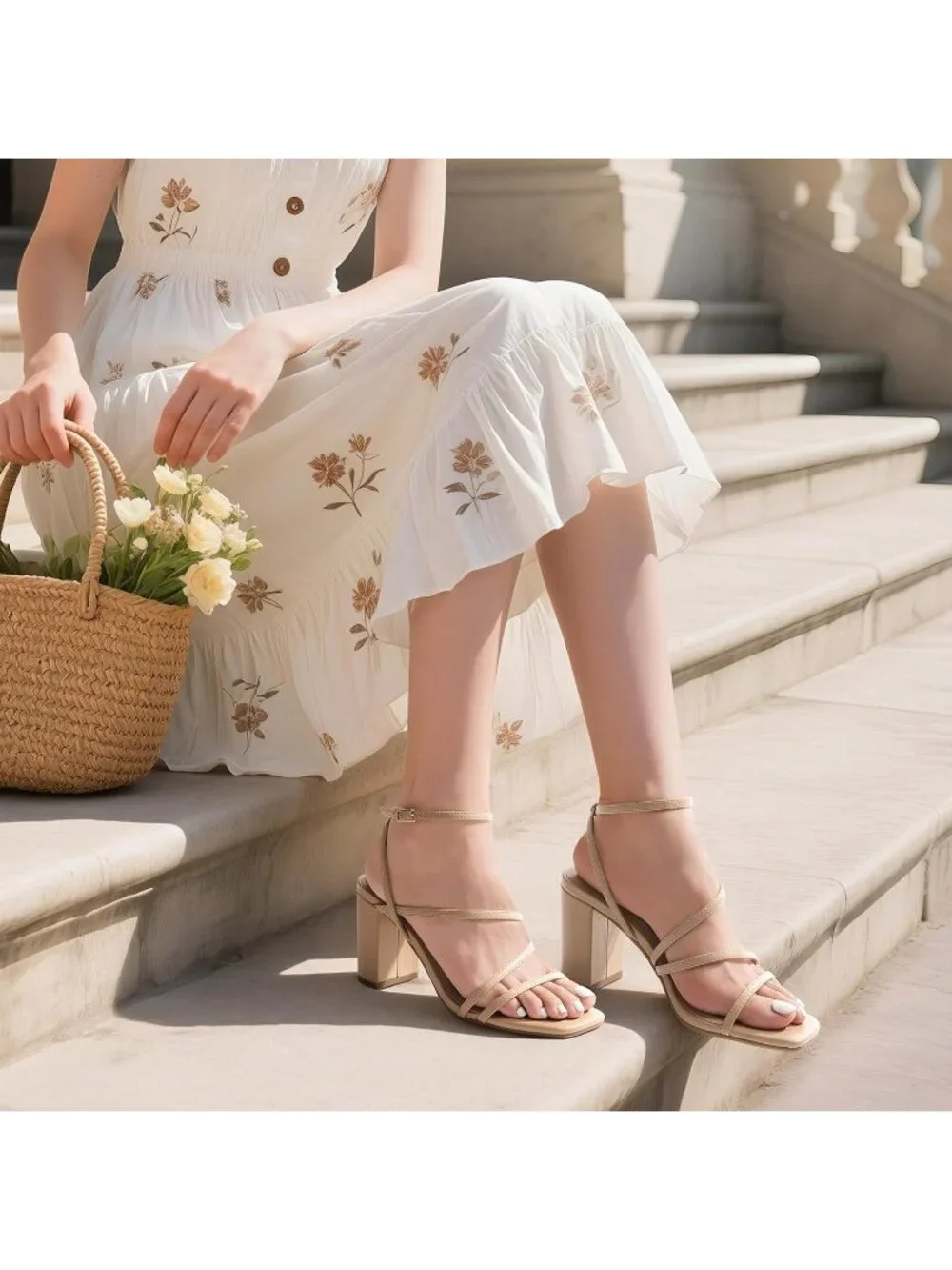 Dream Pairs Women's Nude Open Toe Sleek Straps Chunky Block Heel Sandals